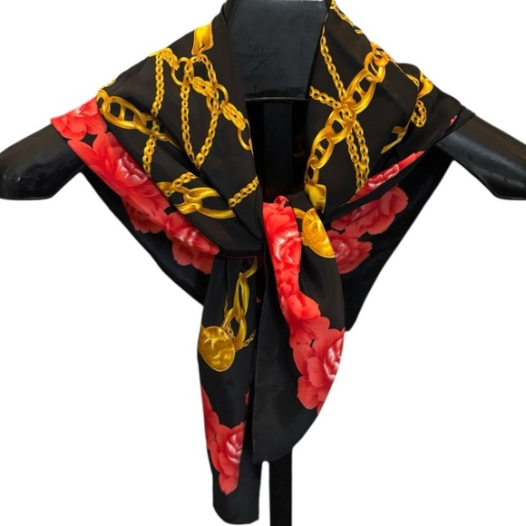 Large Black Satin Scarf with Gold Chain Print & Red Floral Border Square Scarf - Picture 4 of 12